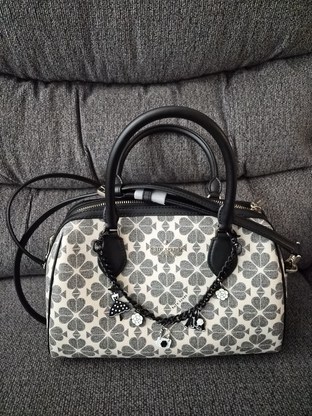 kate spade Black & White Floral Satchel with Charm Chain